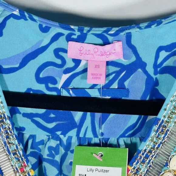 NWT Rare Lilly Pulitzer Wilda Maxi Caftan Iris Blue Mai Tai Size XS Missing Belt - Picture 11 of 11